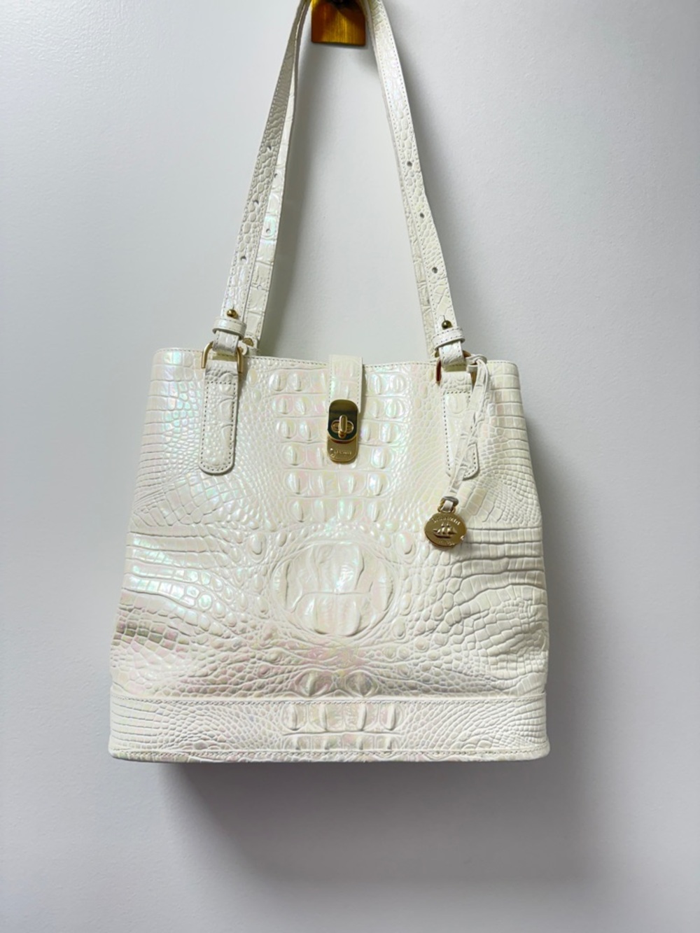 Brahmin Iridescent Pearl Croc-Embossed Tote with Gold Hardware - Picture 2 of 8